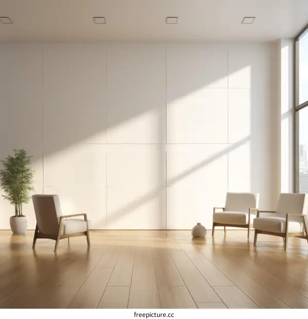 Three white armchairs in a bright room with white walls and wooden floor