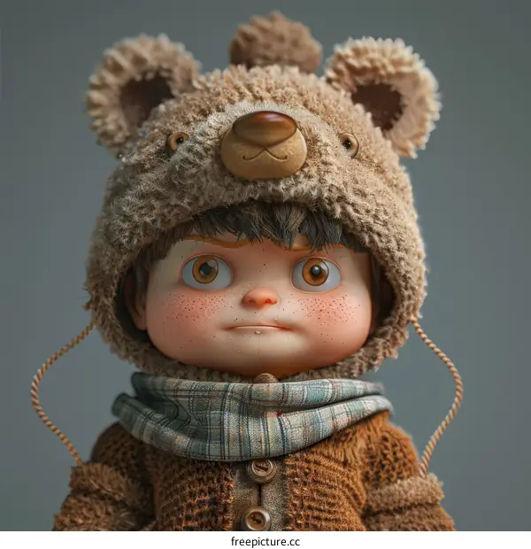 3D rendering of a cute cartoon boy wearing a bear hat