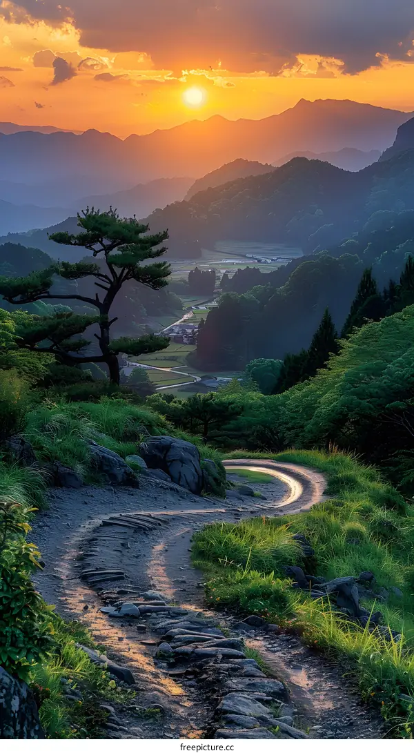 The mountain path under the sunset