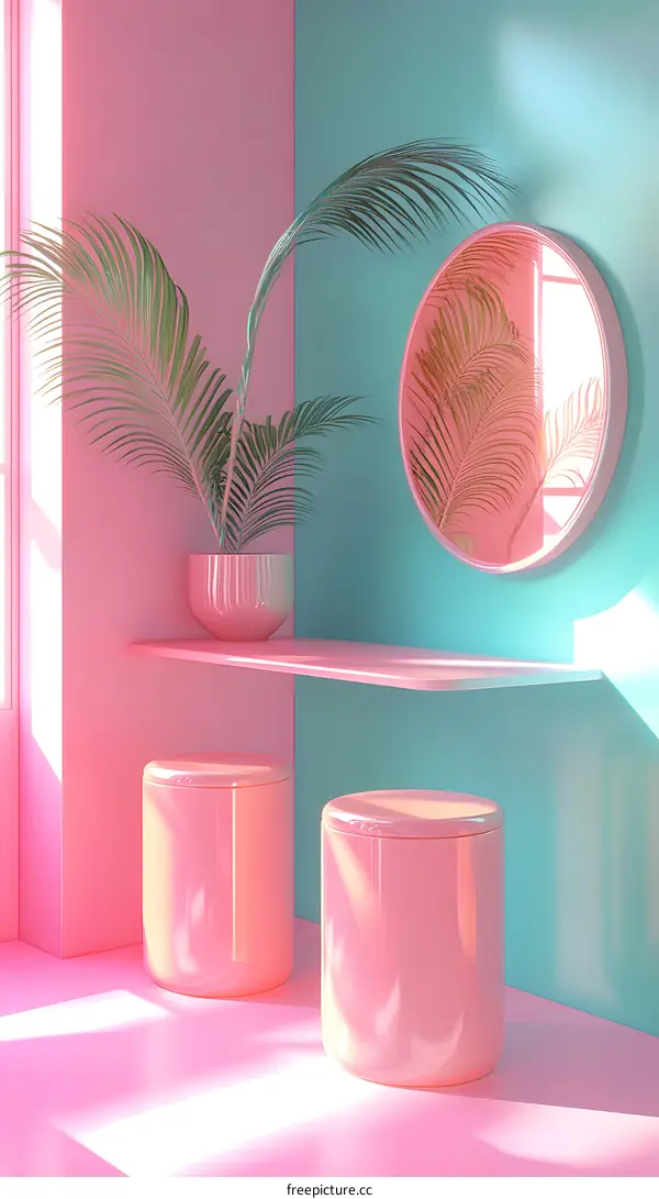 Minimalist Pink and Blue Interior Design with Palm Plant and Round Mirror