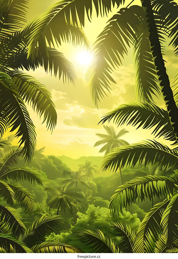 Tropical Jungle Landscape With Palm Trees And Sun