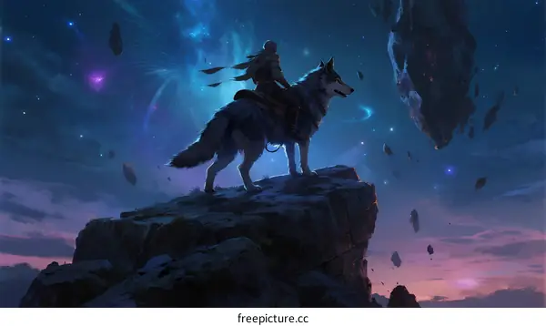 A Mysterious Figure Riding a Wolf on a Floating Rock Under Starry Sky