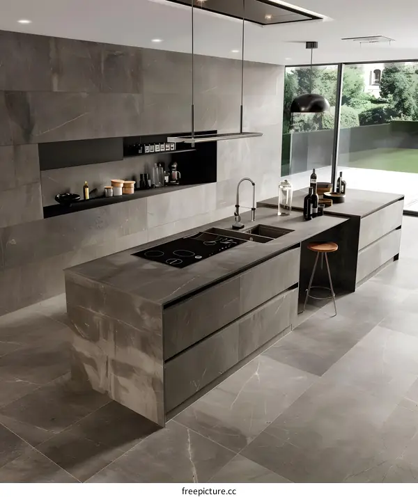 Modern Kitchen Design with Grey Tiles and Island