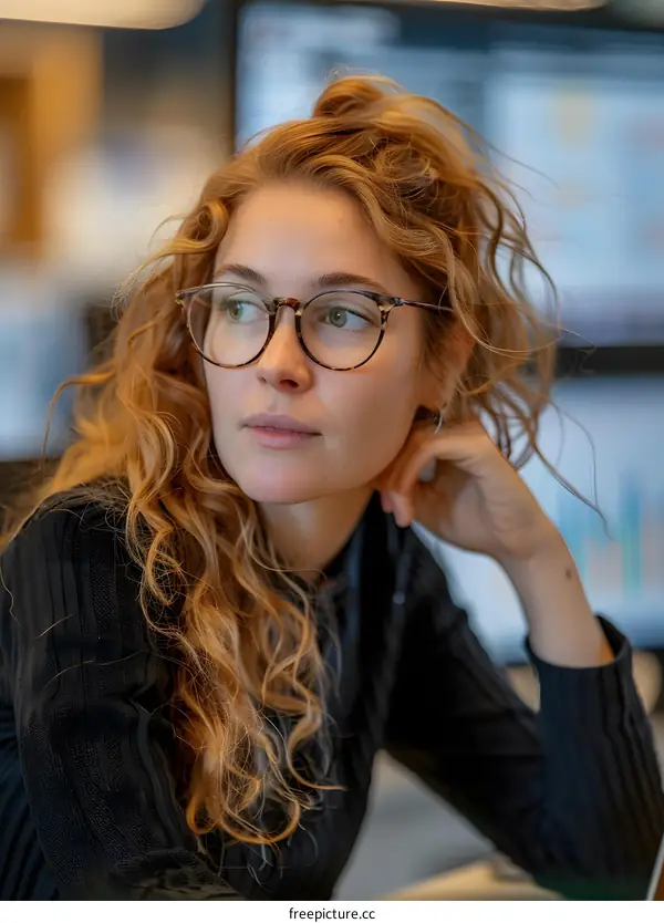 portrait of a young woman wearing glasses and looking away