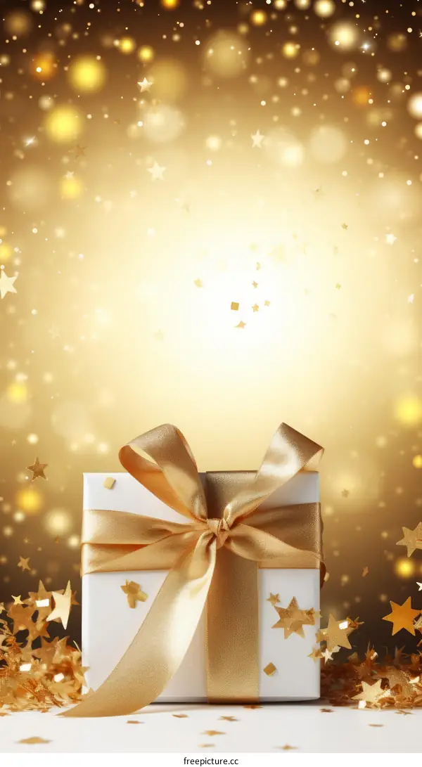 A beautiful image of a wrapped present with a gold ribbon against a background of falling gold stars.