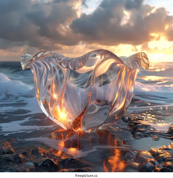 Abstract Glass Sculpture on the Shore at Sunrise