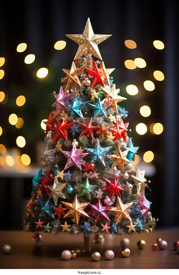 A Christmas tree decorated with colorful stars