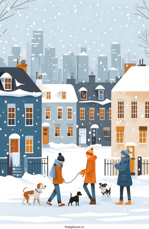 Snowy Day in the City with People Walking Dogs