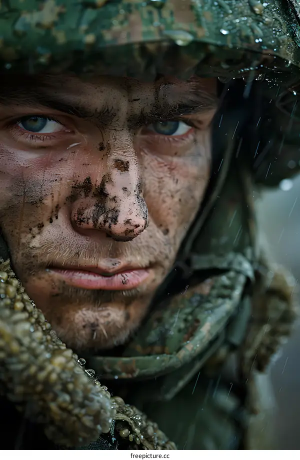 Portrait of a soldier with mud and rain on his face