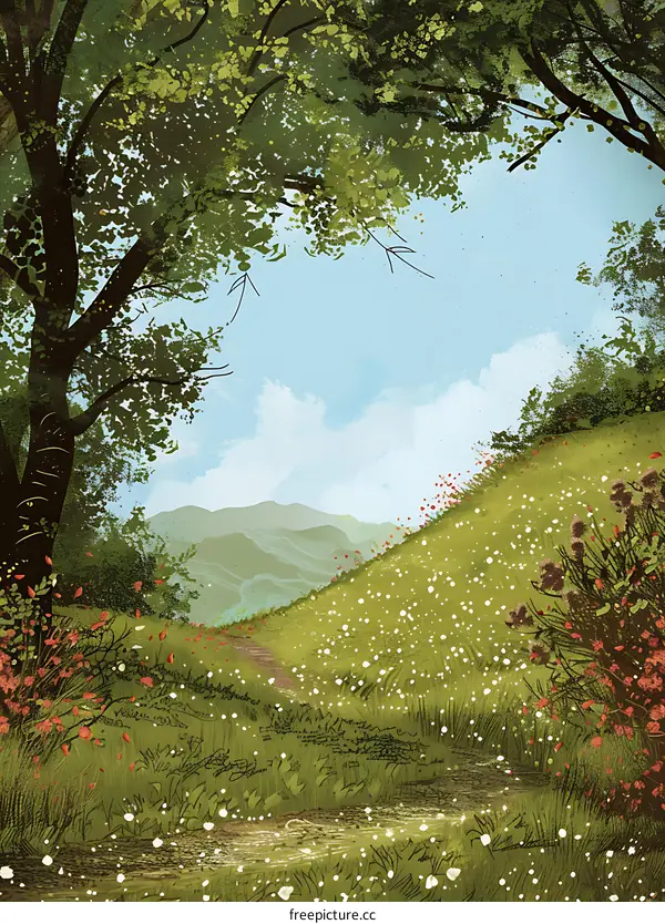 Forest Path with Green Trees and Blue Sky