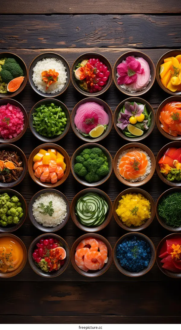 A variety of delicious and healthy food in bowls