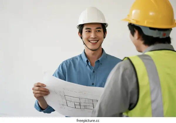 Two engineers discussing construction plans wearing safety helmets