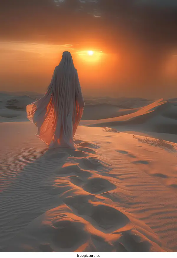 Woman Walking Through Desert Landscape at Sunset