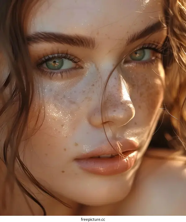 Close-up portrait of a beautiful young woman with freckles on her face