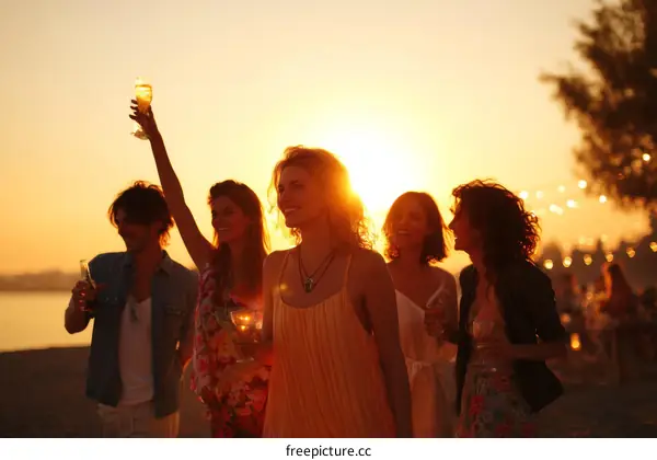Group of friends enjoying sunset beach party