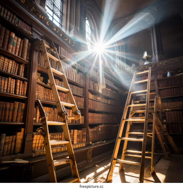 Sunlight shining through a library window onto a wooden ladder