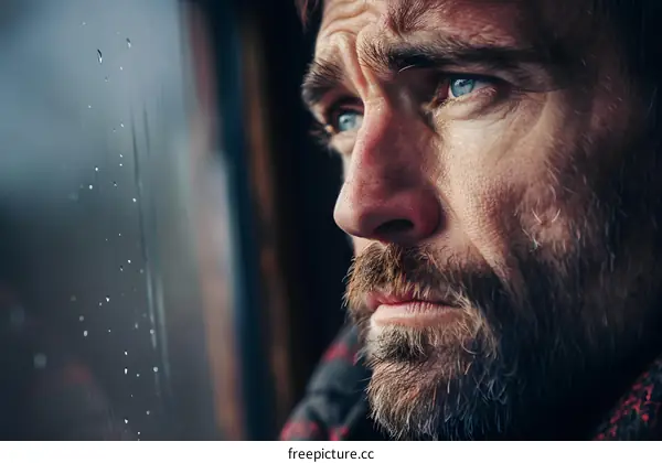 Man Looking Out Window in Rain