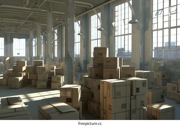 Empty Warehouse Interior with Cardboard Boxes