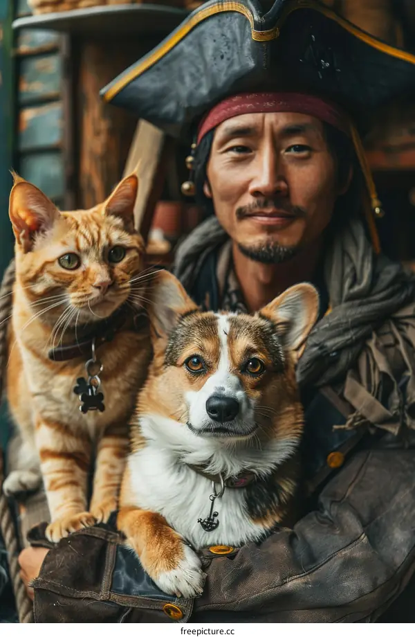 A pirate with a cat and a dog