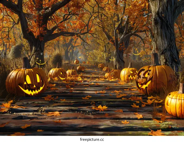 Spooky Halloween Pumpkin Path through Autumn Woods