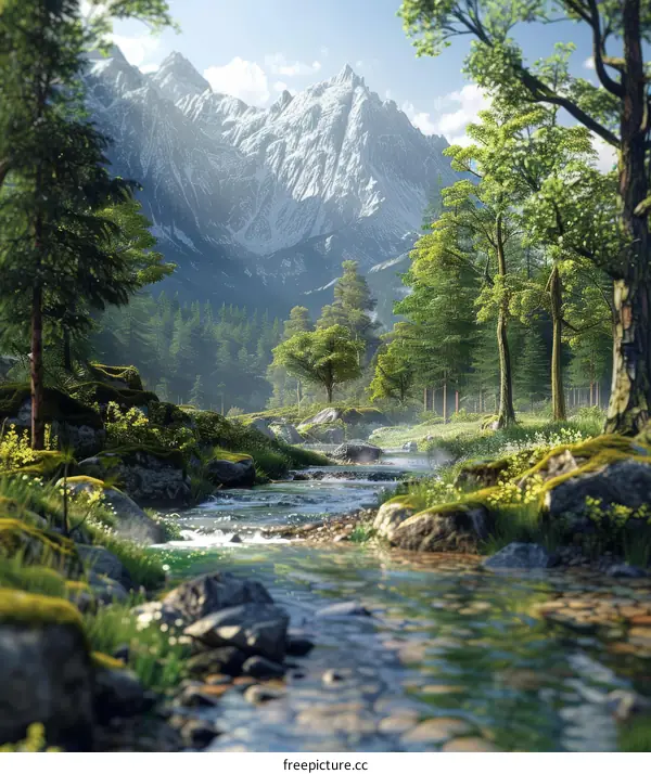 Tranquil Landscape with Mountains, Rivers, and Lush Greenery