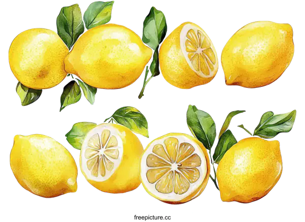 [Transparent Background PNG]Watercolor Illustration of Fresh Lemons with Leaves