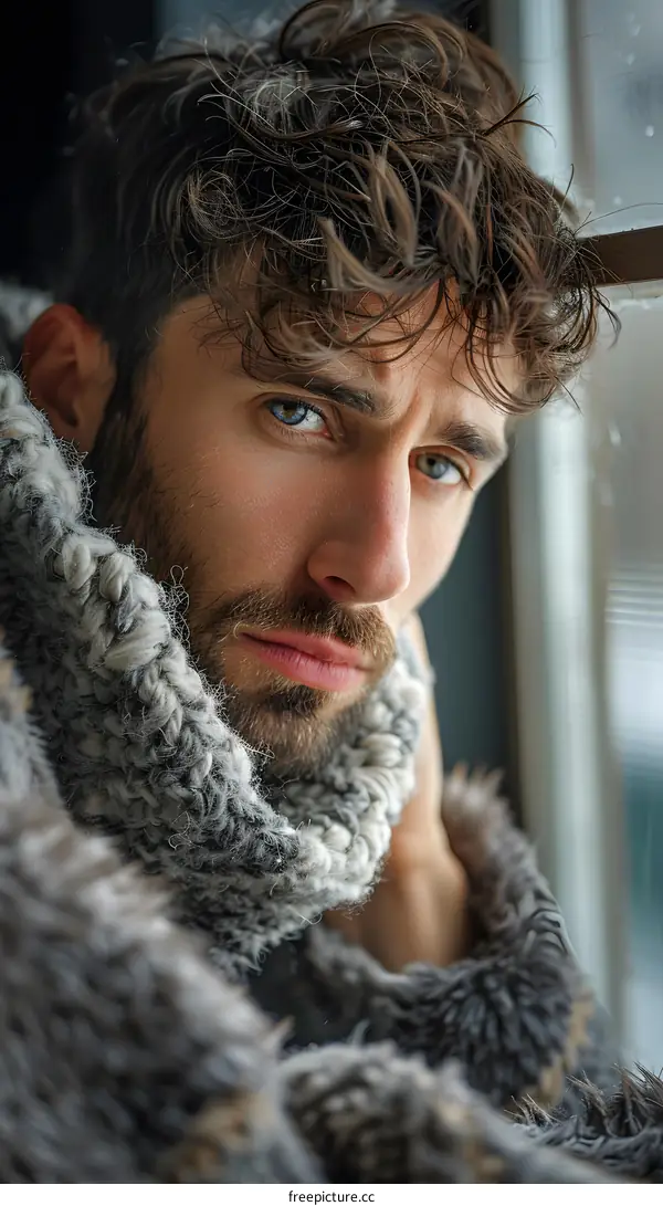 Portrait of a handsome man with green eyes and dark hair wearing a white scarf