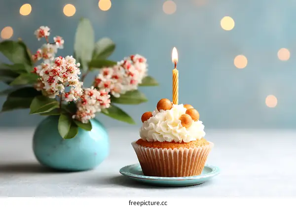 Birthday Cupcake with Floral Arrangement