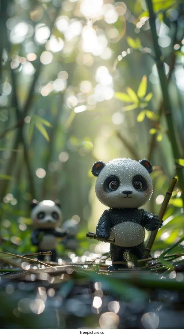 A cute cartoon panda in a bamboo forest