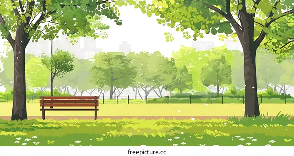 Green Park Bench with City Skyline in Background