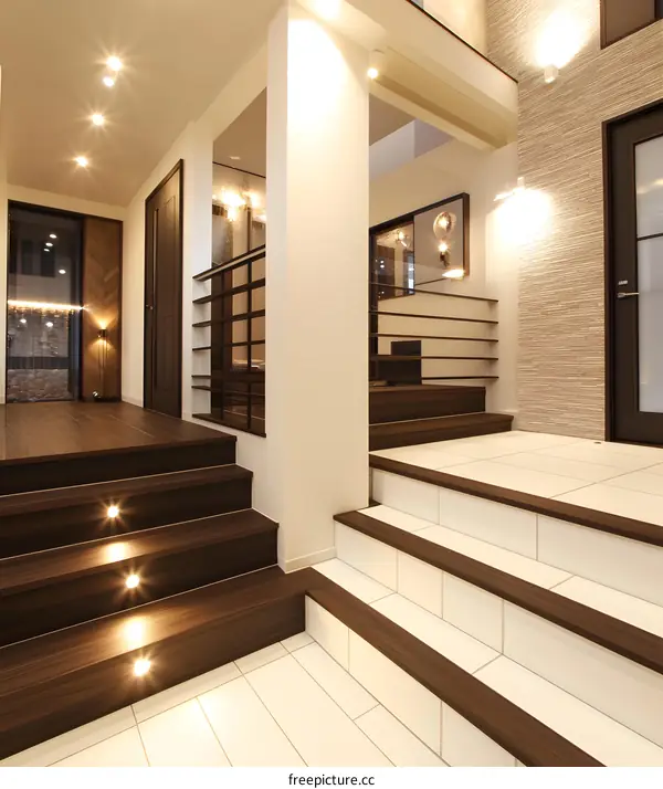 Modern Interior Design Of Staircase With Wooden Steps And White Tiles