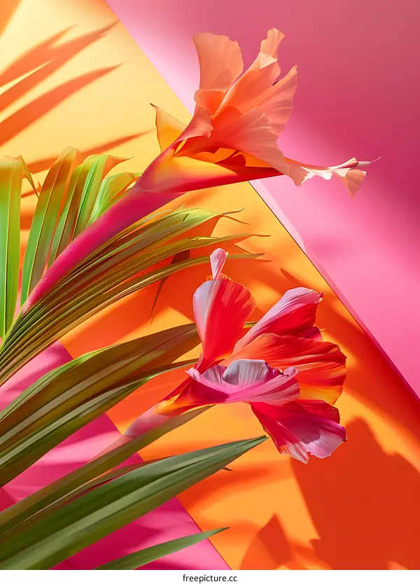 Tropical Flower Bouquet on Bright Orange and Pink Background