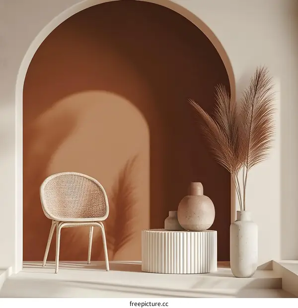 Minimalist Interior Design with Wicker Chair and Earthy Tones