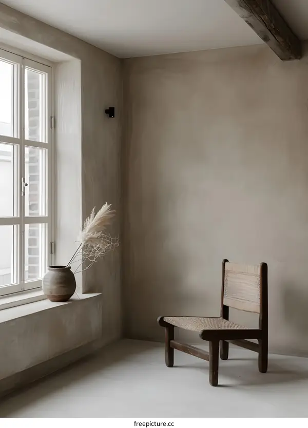 Minimalist Room Interior Design with Wooden Chair and Window