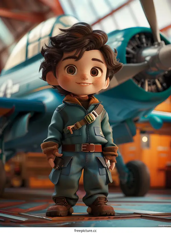 A young boy standing in front of an airplane