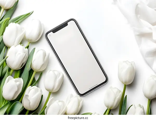 White Tulips with Blank Screen Smartphone Flat Lay