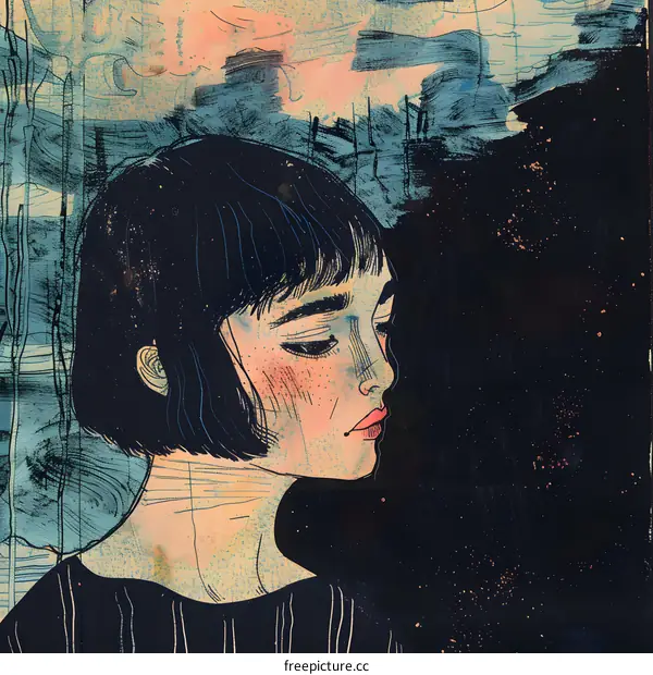 Woman With Short Hair Looking Away In Watercolor Illustration