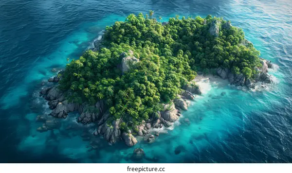 Small tropical island with white sand beach and palm trees