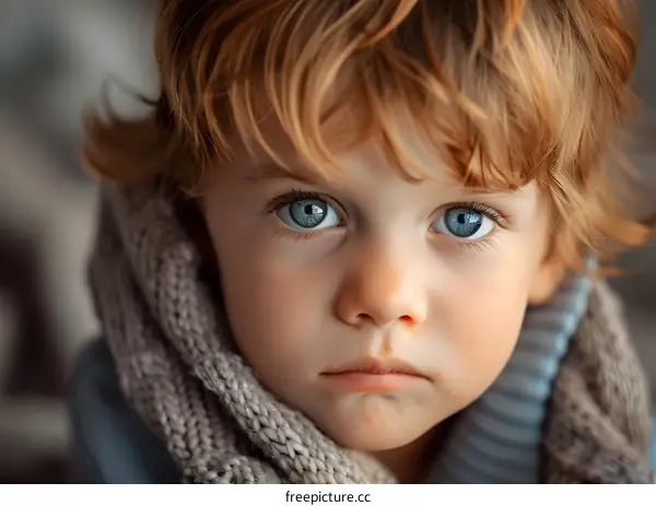 Portrait of a cute little boy with red hair and blue eyes