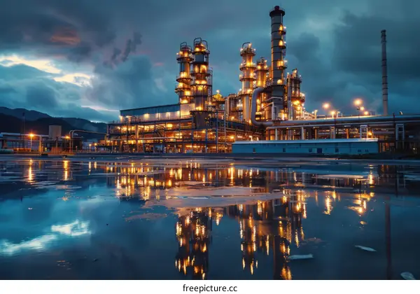 Oil refinery at night with lights reflecting off the water