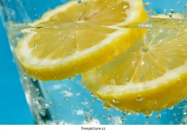 Sliced Lemon in Carbonated Water with Bubbles