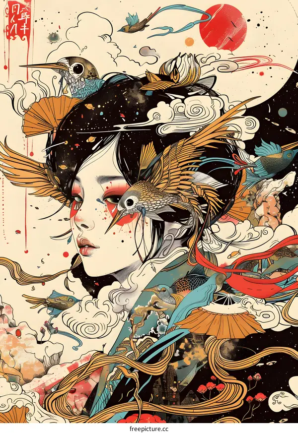 Japanese Woman with Birds and Clouds Illustration