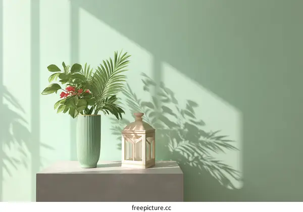 Green Vase and Lantern Still Life with Sunlight