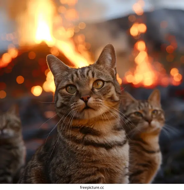 Three cats staring at a fire