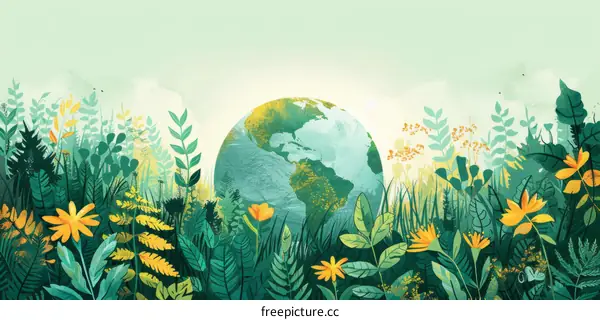lush green plants and flowers with a globe in the center