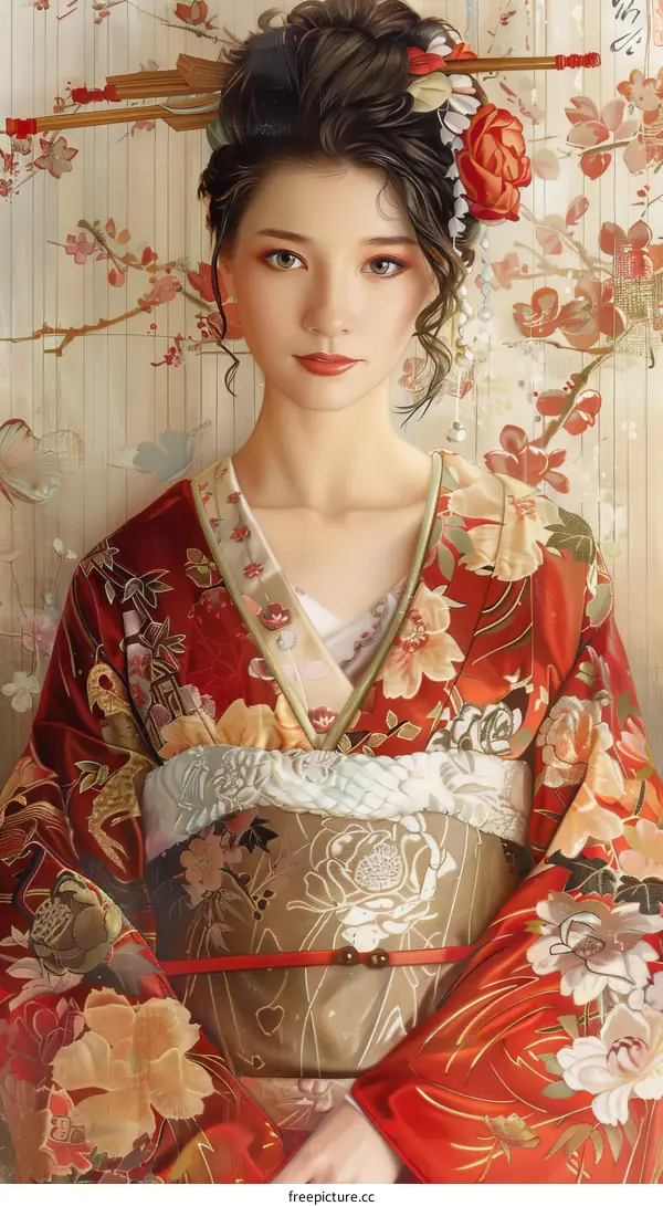 An Asian woman wearing a red kimono with floral patterns and a white sash