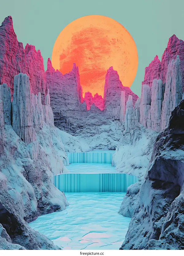 Abstract Mountain Landscape with a Large Orange Moon