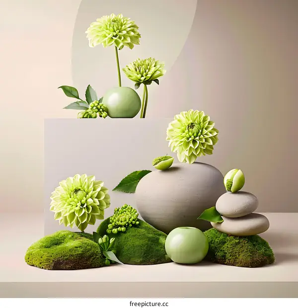 Green Floral Arrangement With Stones and Moss