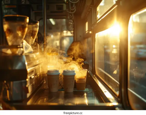 Coffee Shop: Interior, Cups and Steam
