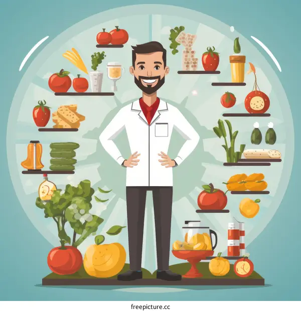 Male nutritionist with various food items